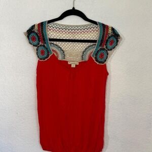 Twentyone Red Crochet Medallion Top Size S Boho Y2K Open Knit Drawstring